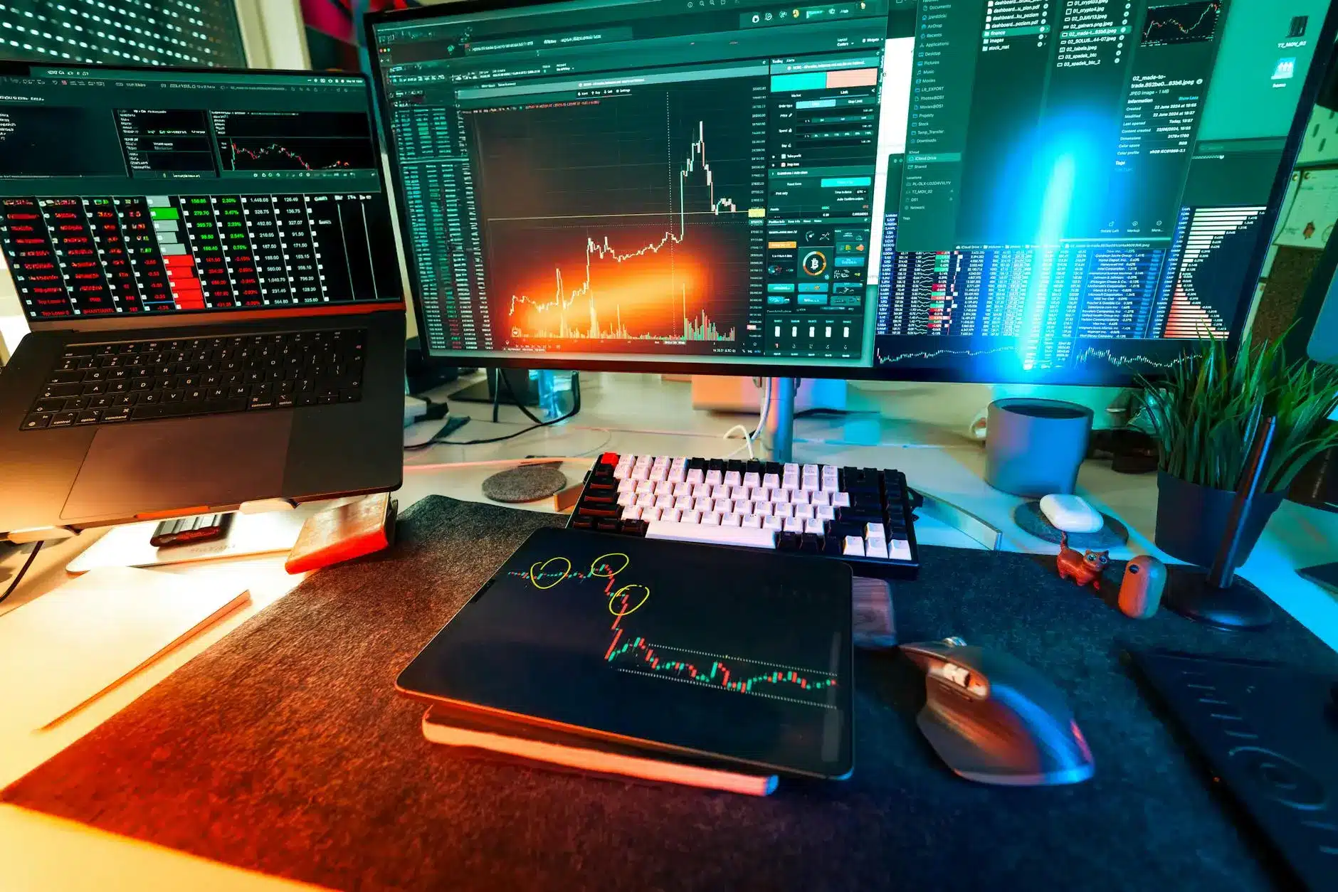 Workstation displaying altcoin market analysis with multiple screens showing charts and data.