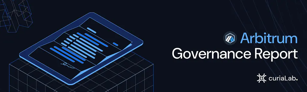 Digital tablet displaying the title 'Arbitrum Governance Report' on a geometric background.