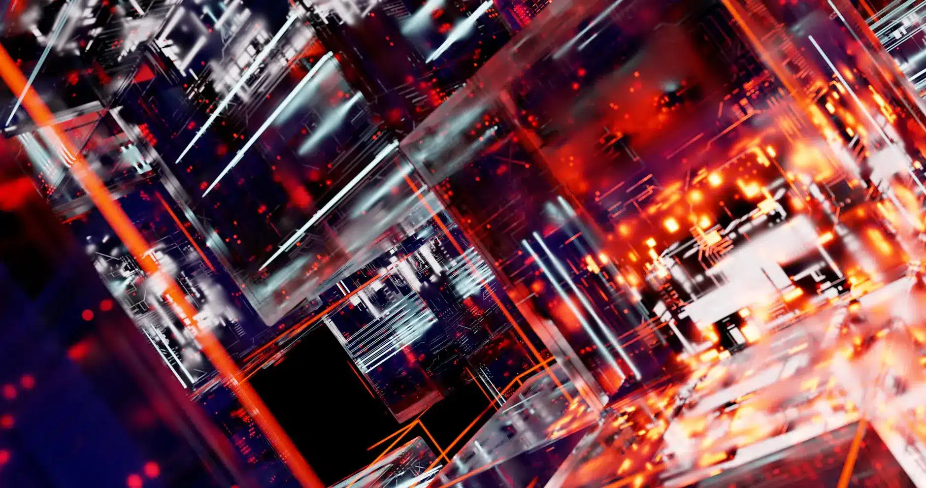 Abstract digital network visualization with glowing red and orange elements.