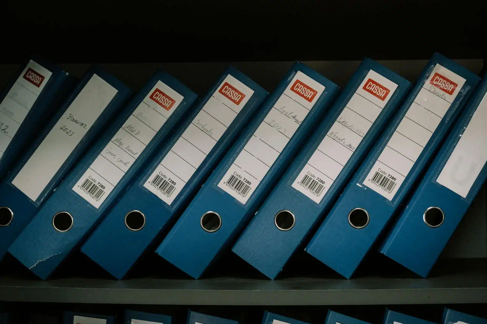 Row of blue binders labeled with dates and codes on a shelf.