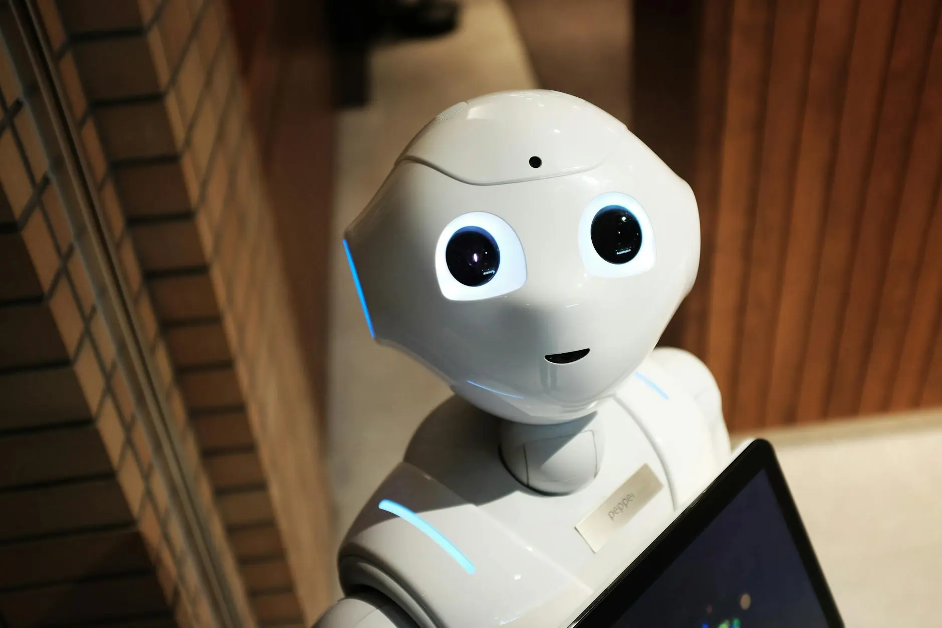A humanoid robot with a digital screen interface, showcasing a friendly design.