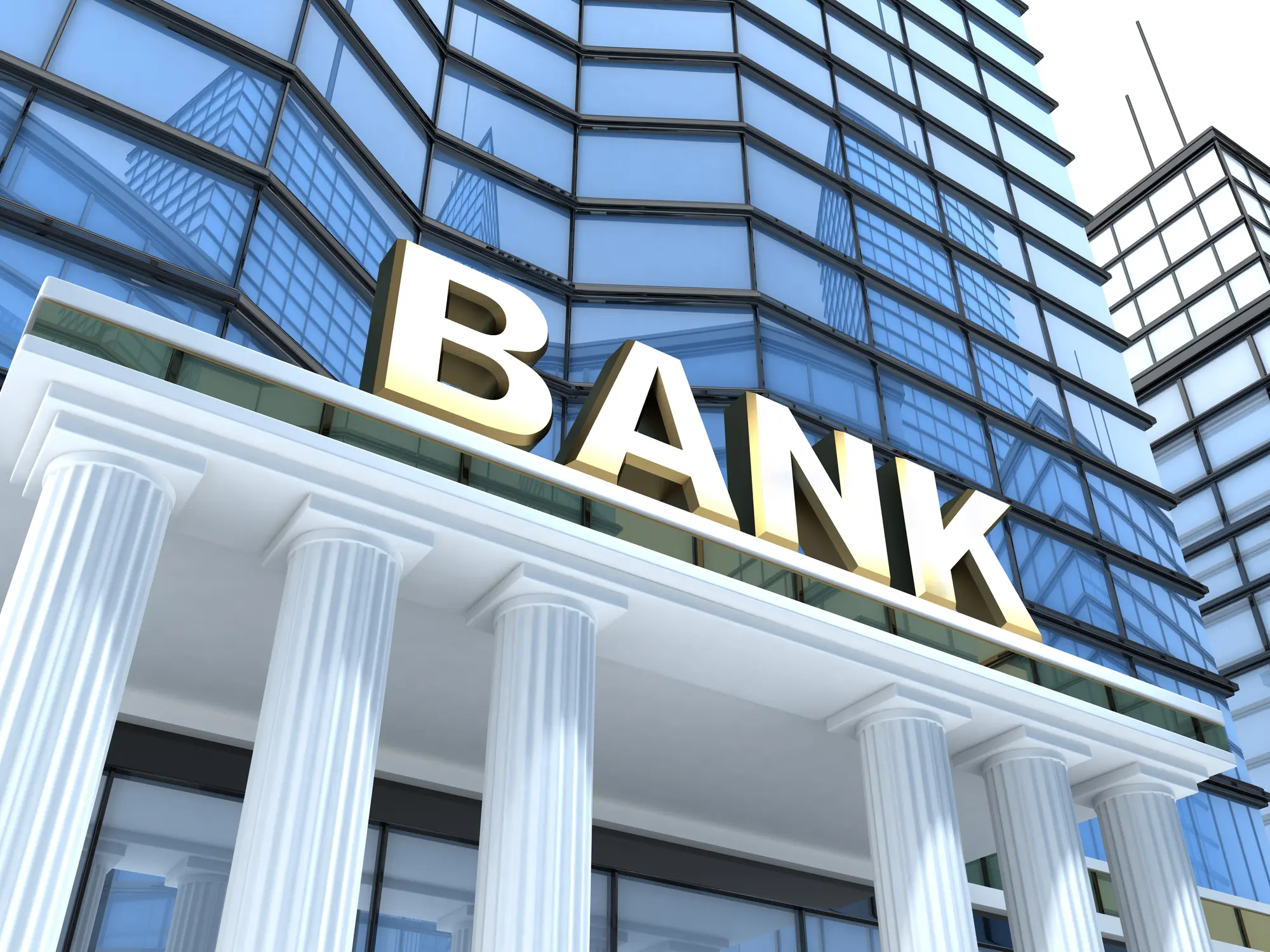 Facade of a modern bank building with columns and a large 'BANK' sign.