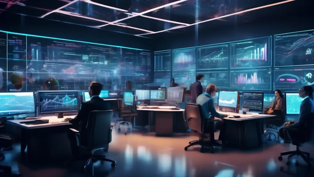 Traders analyzing market data in a high-tech trading room with multiple screens.