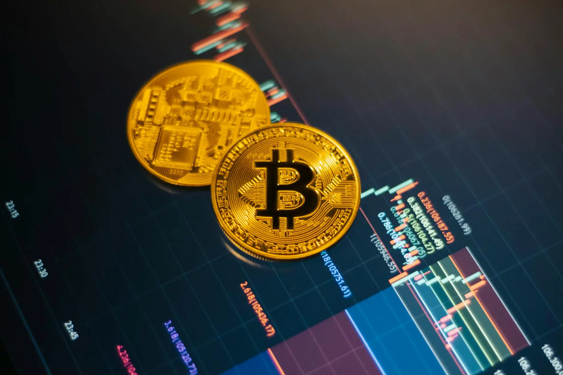 Two Bitcoin coins positioned over financial stock market chart data.