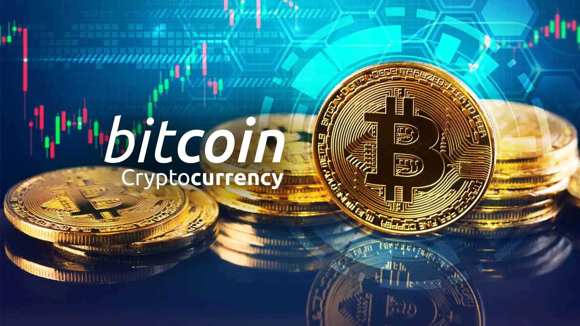 Stack of shiny gold Bitcoin coins with cryptocurrency chart background.