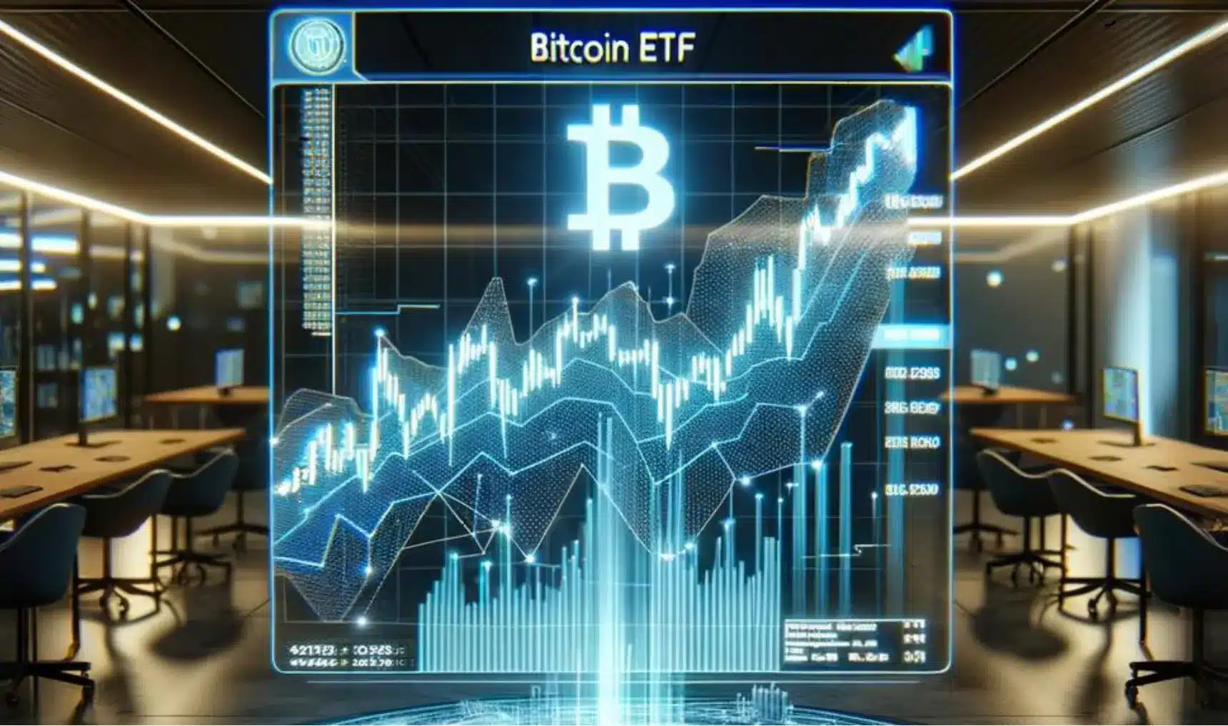 Graph displaying Bitcoin ETF performance in a modern trading office.