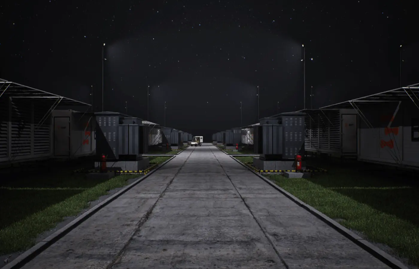 Nighttime view of a Bitcoin mining data center with rows of containers and lights.