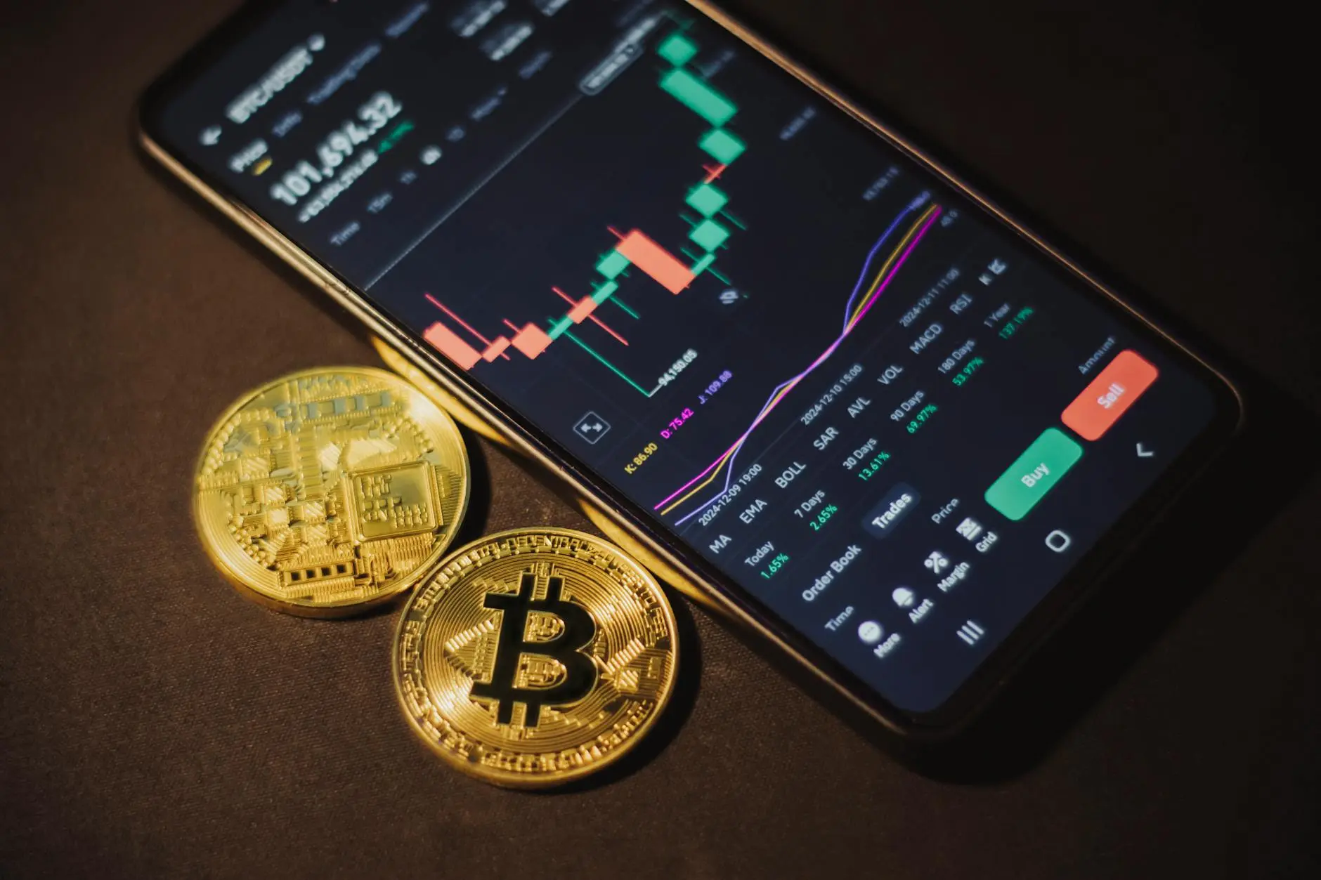A smartphone displaying a Bitcoin trading app interface next to two gold Bitcoin coins.
