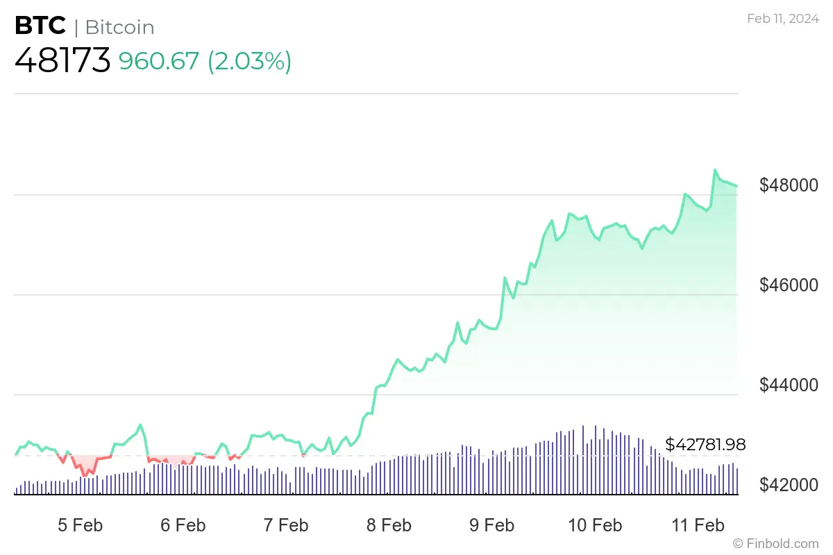 Bitcoin price chart showing a rise to nearly $48,000 from February 5 to February 11, 2024.