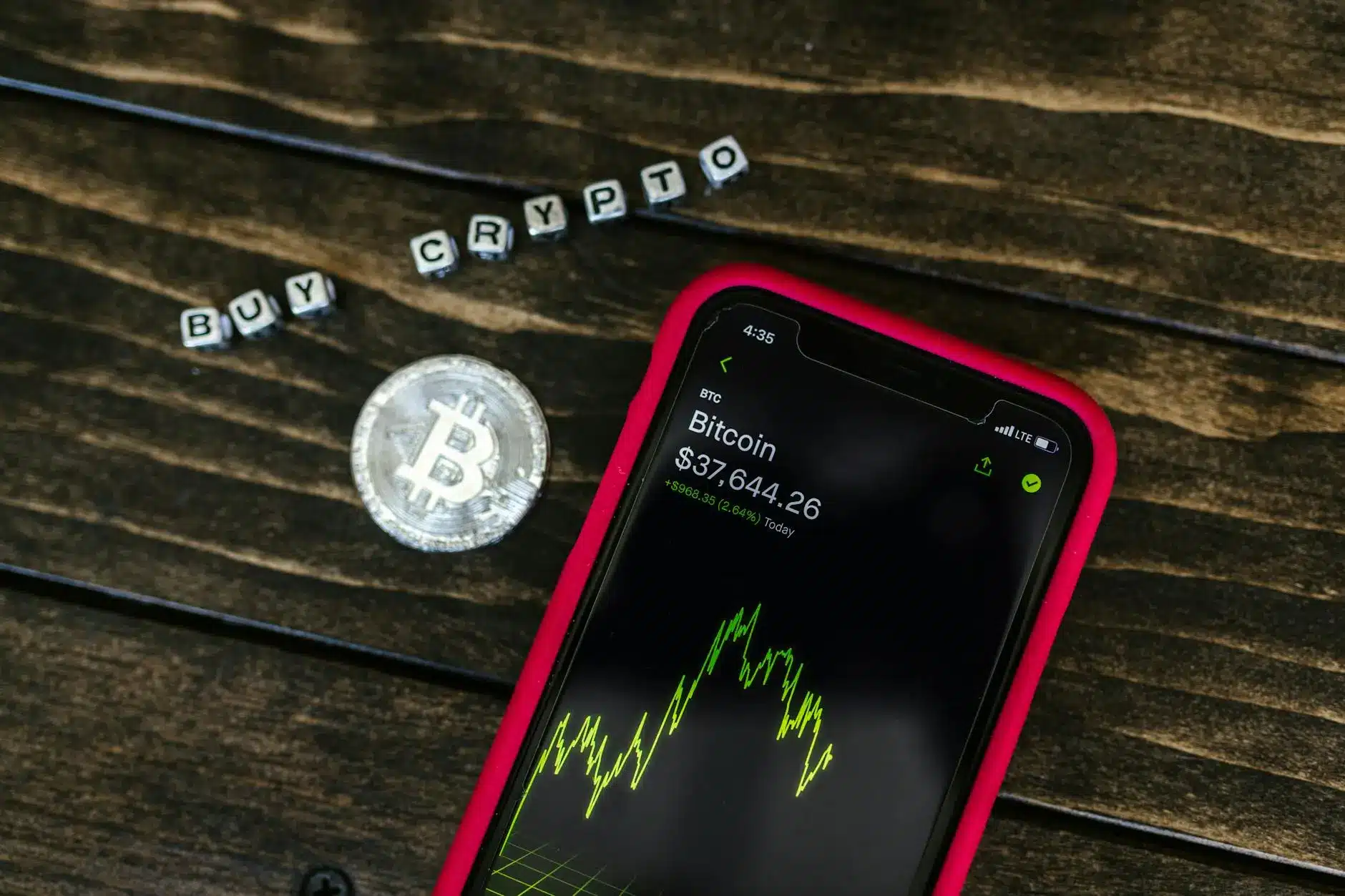Mobile phone displaying Bitcoin price chart with a physical Bitcoin next to it.