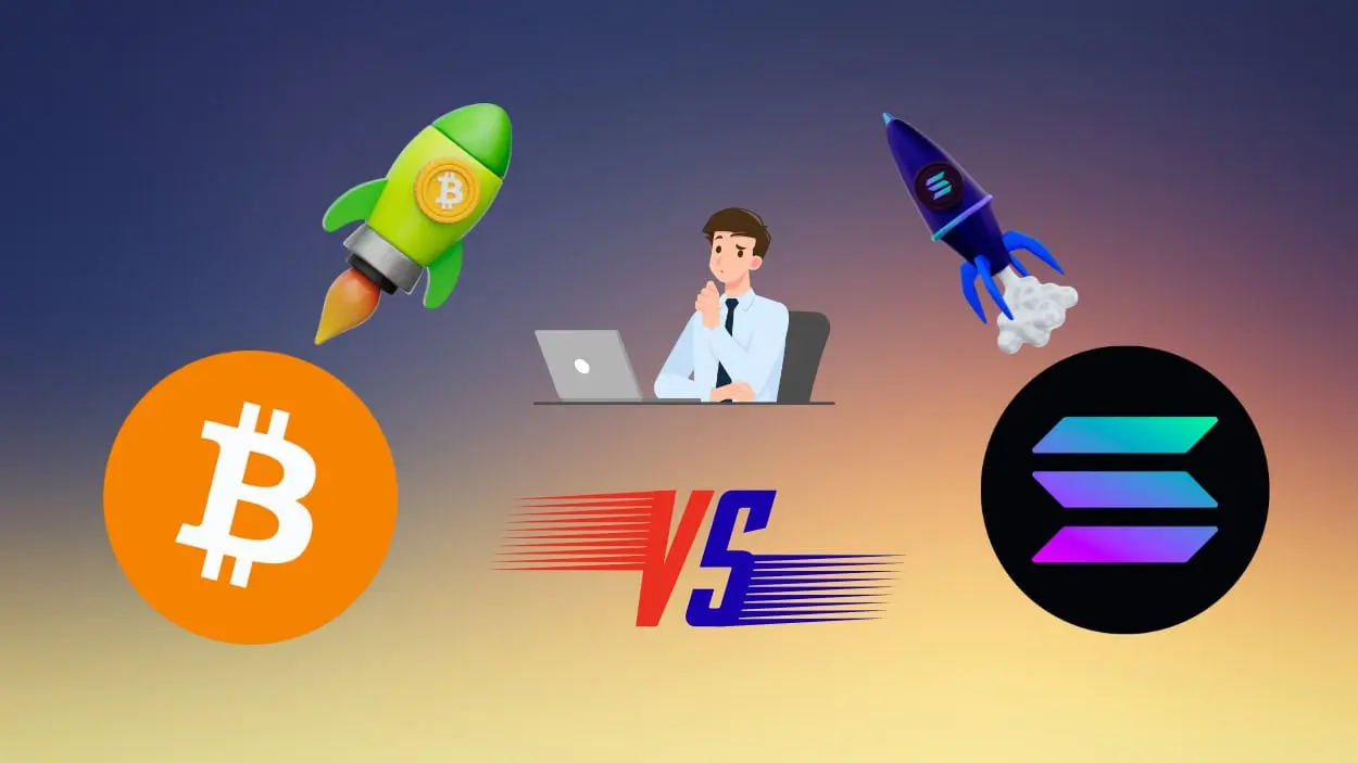 Illustration of Bitcoin and Solana rockets with a person at a laptop in between.