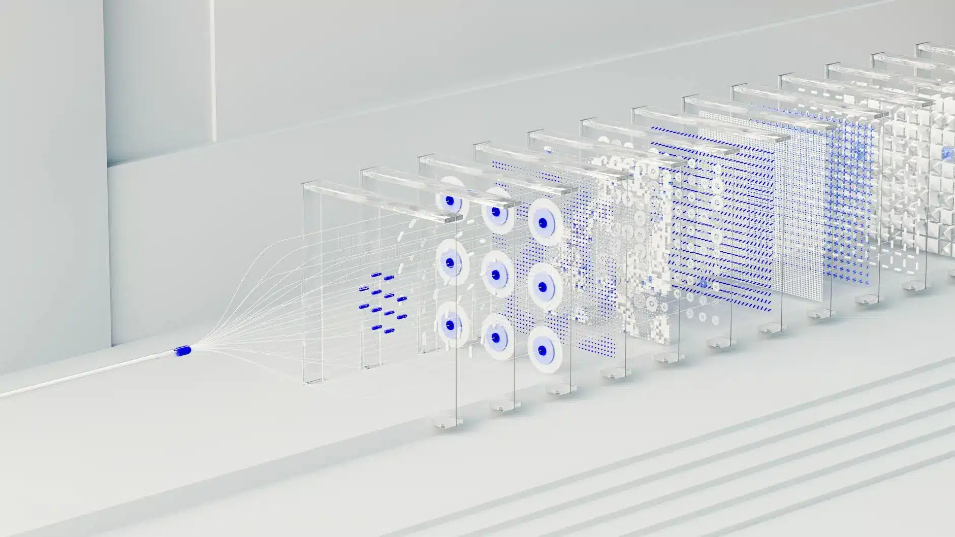 Abstract diagram of data propagation with interconnected components and blue accents.