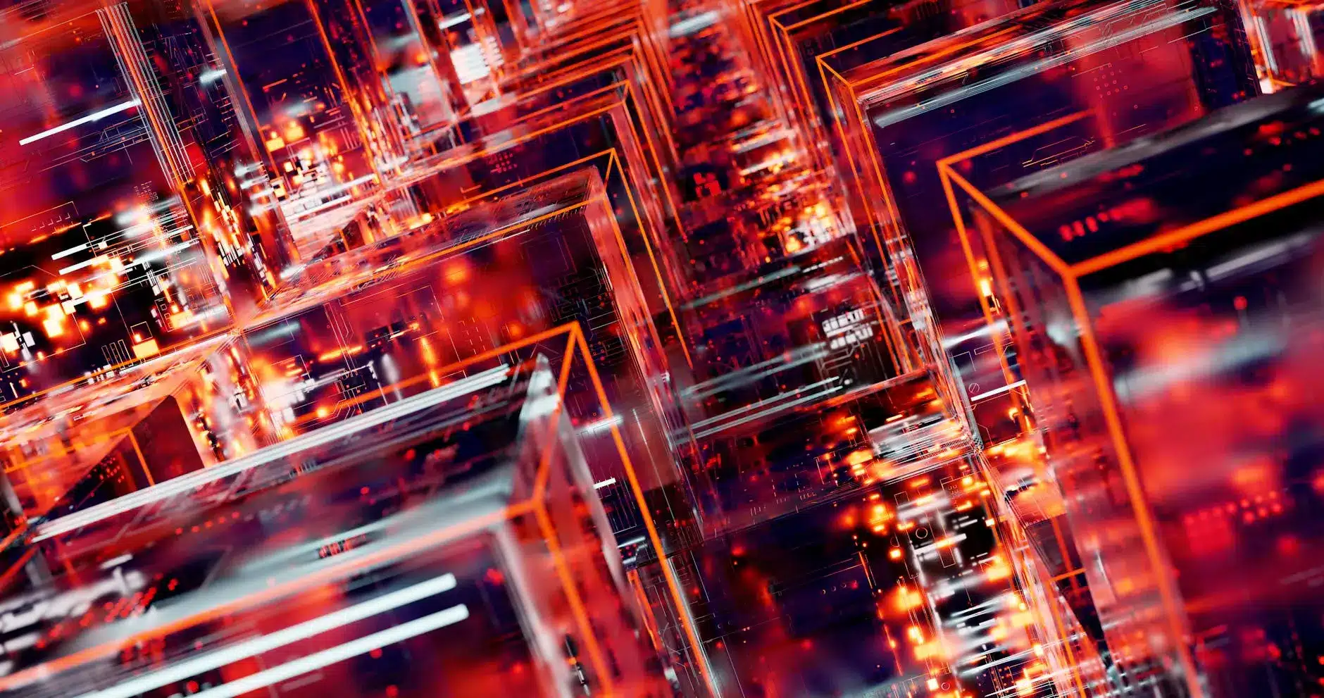 Abstract representation of interconnected blocks with glowing circuits.