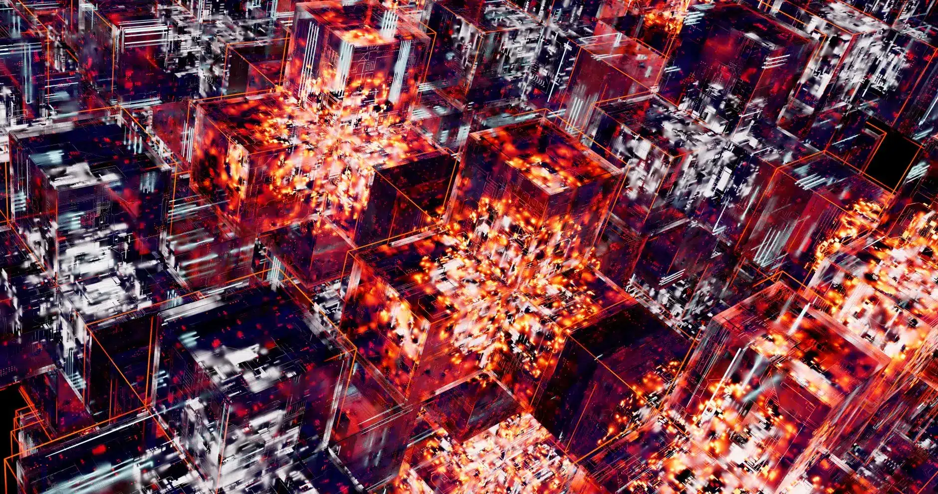 Abstract visualization of interconnected blockchain cubes with glowing elements.