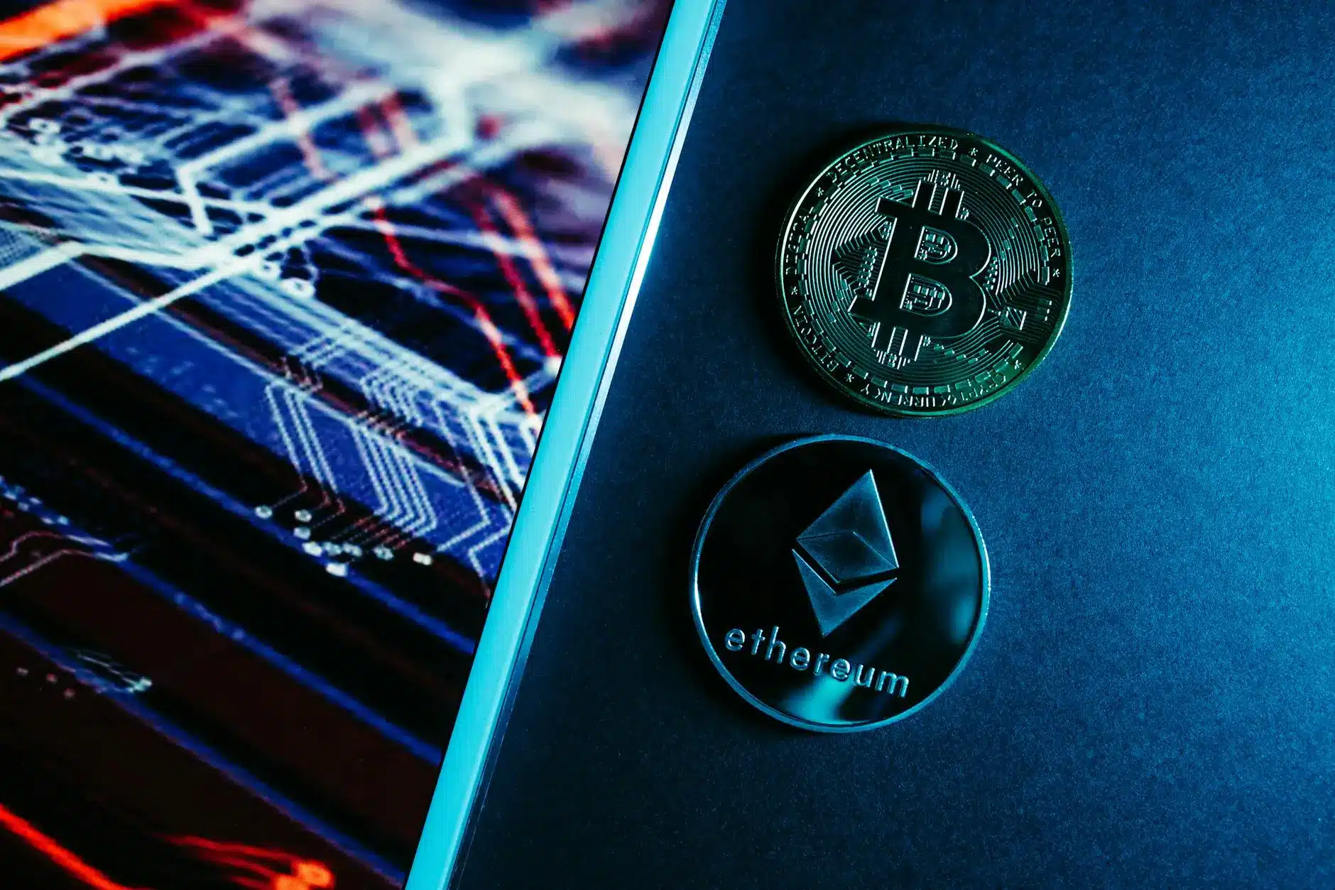 A Bitcoin and Ethereum coin displayed on a dark background with circuit patterns behind.