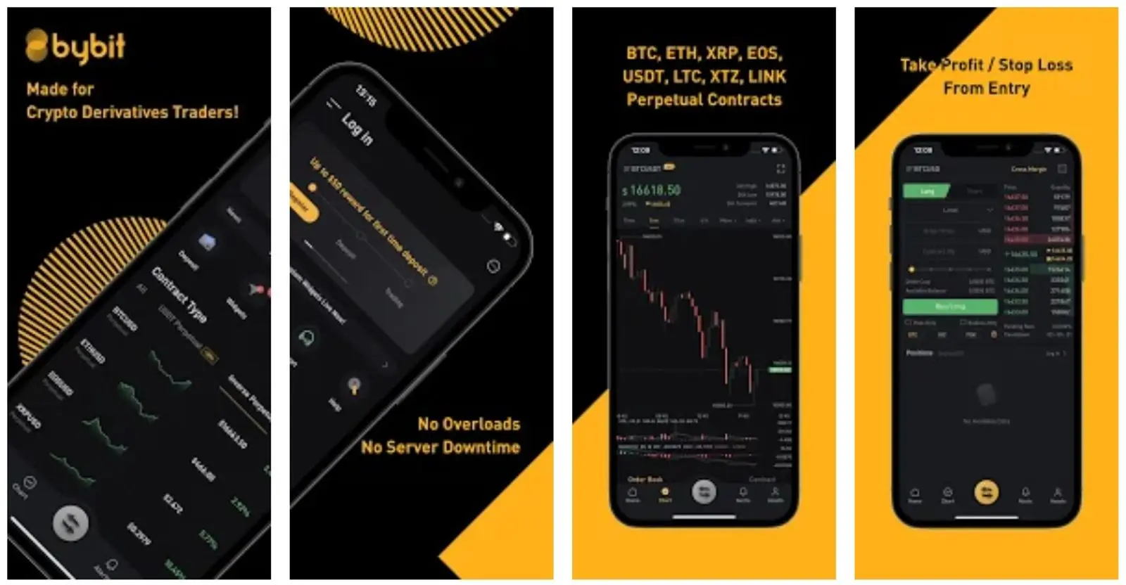 Bybit mobile app interface showcasing trading options and market data.
