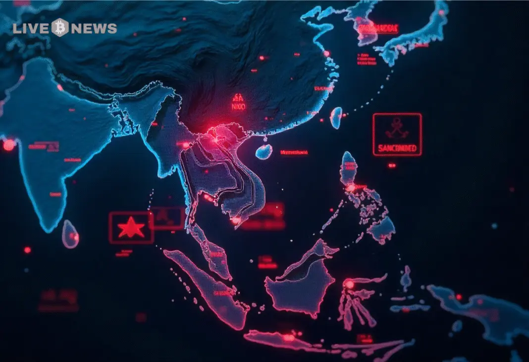 Digital map of Southeast Asia highlighting sanctions with red markings.