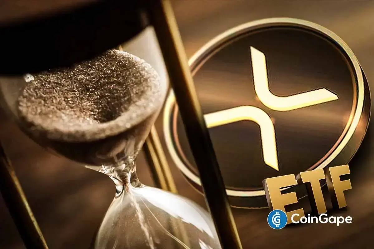 An hourglass with dark sand and a golden XRP logo and ETF text in the background.