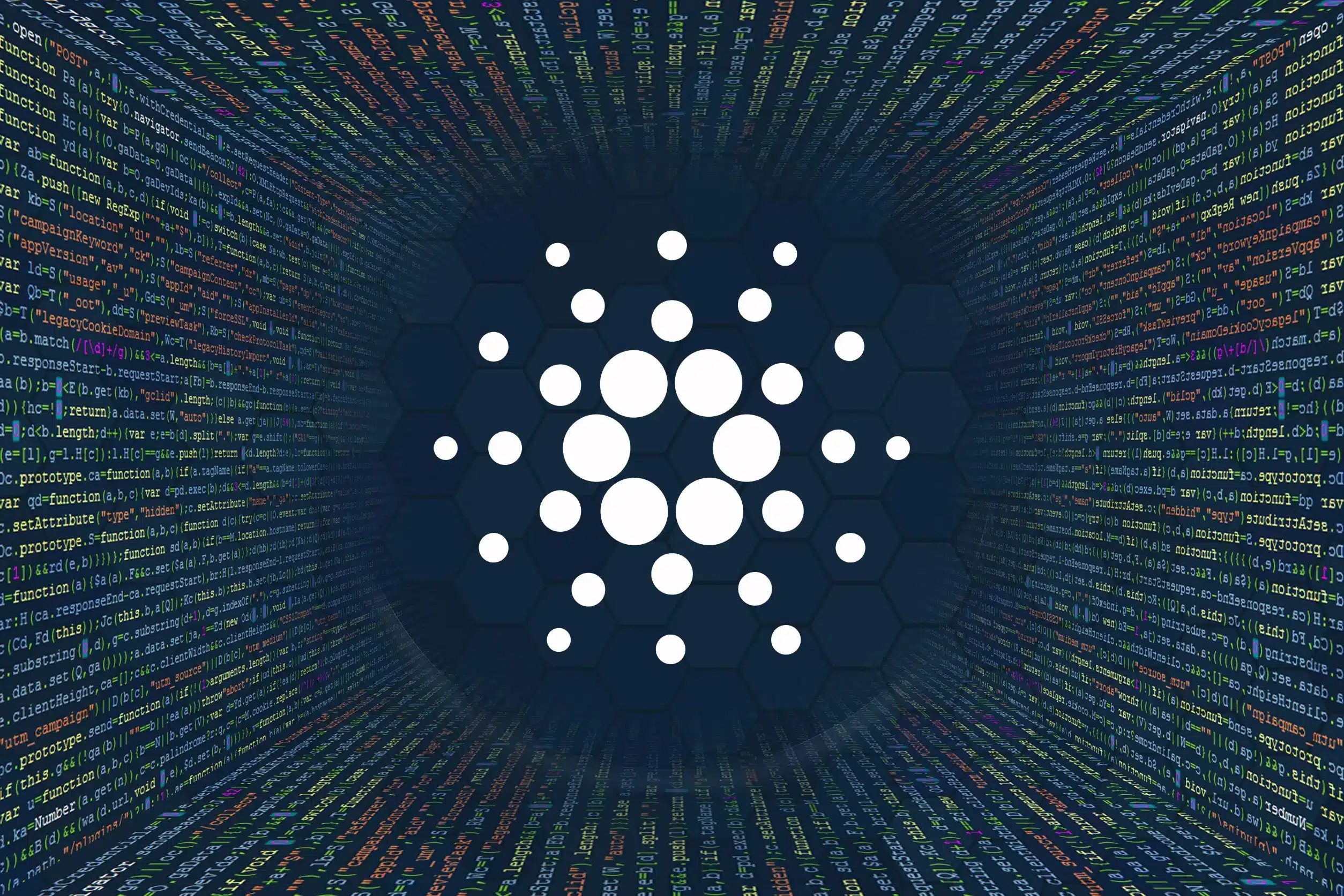 Hexagonal pattern with Cardano logo surrounded by colorful code in the background.