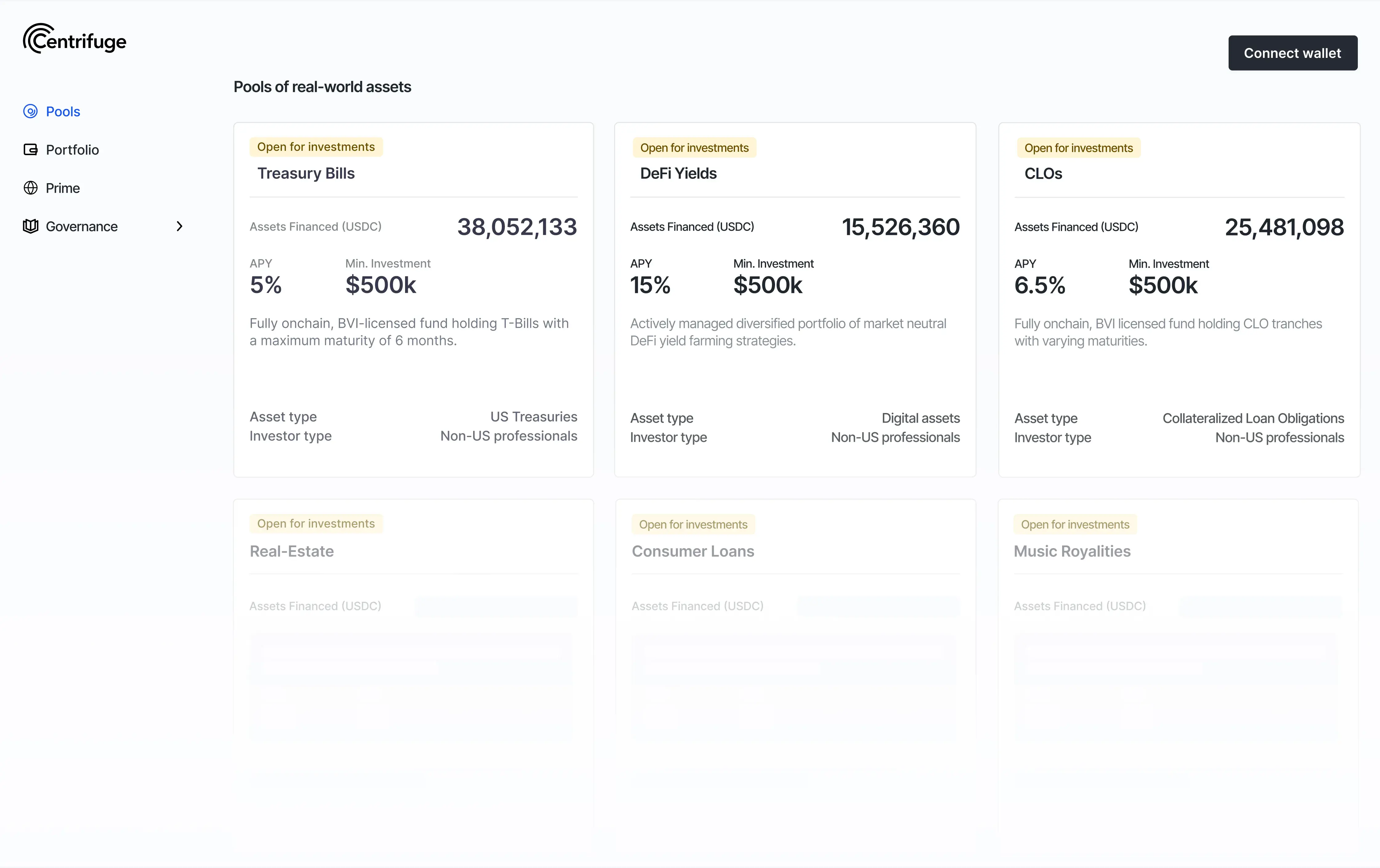 A web interface displaying various investment pools including Treasury Bills and DeFi yields.