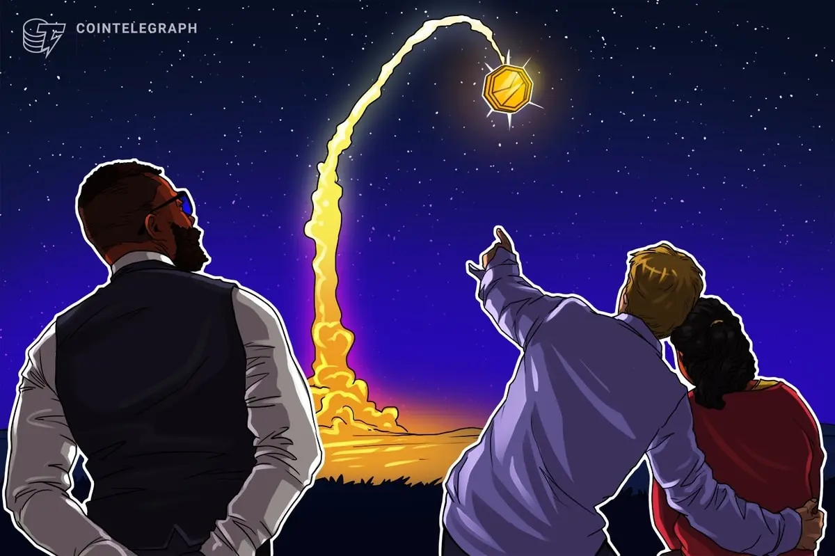 Three figures watching a golden coin ascending in a starry night sky.