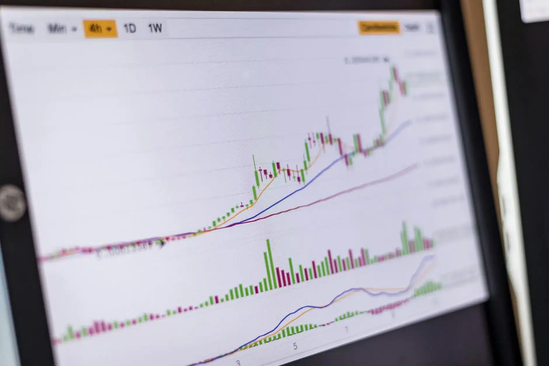Colorful cryptocurrency price chart with bullish trends and volume indicators.
