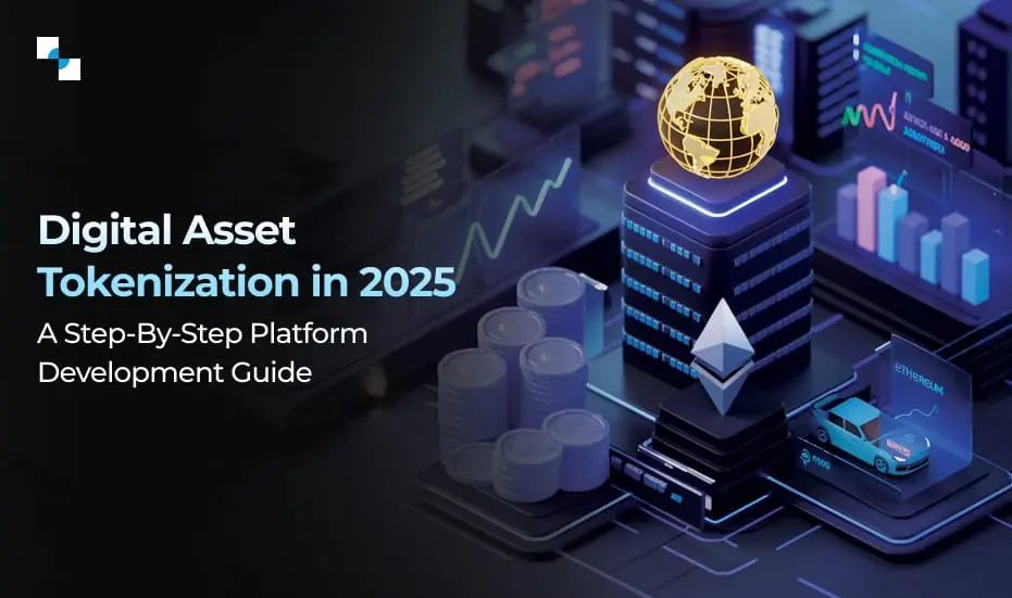 3D illustration of a digital assets platform with graphs, buildings, and global icons.