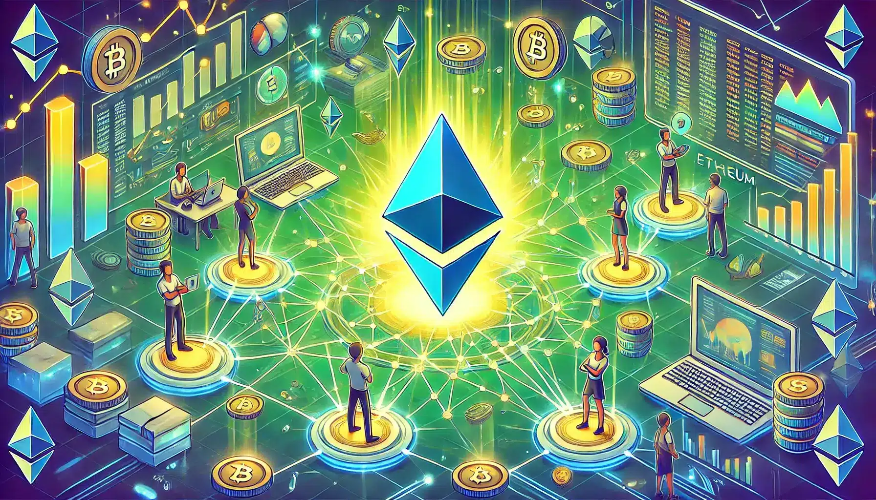 Illustration of Ethereum cryptocurrency with digital tokens and market data visualizations.