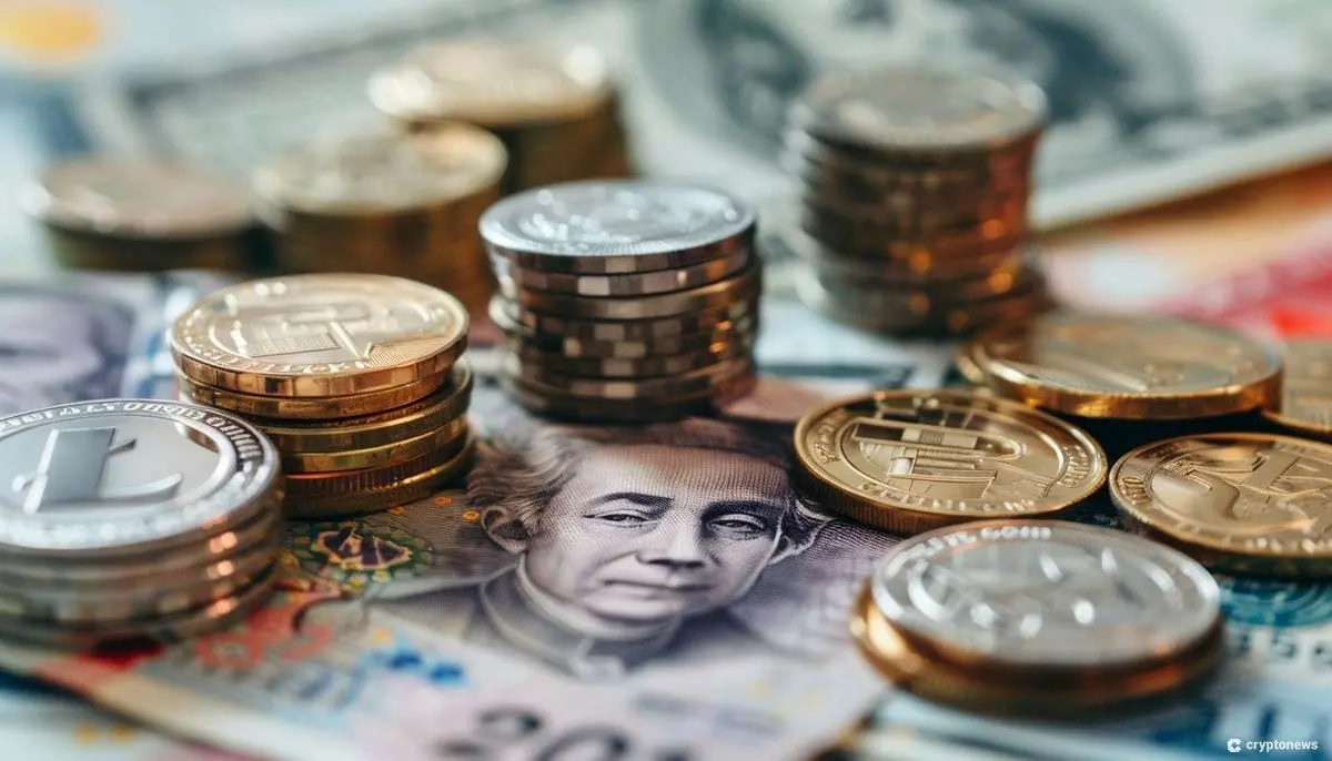 Various cryptocurrencies and banknotes arranged on a surface, showcasing tokenization.
