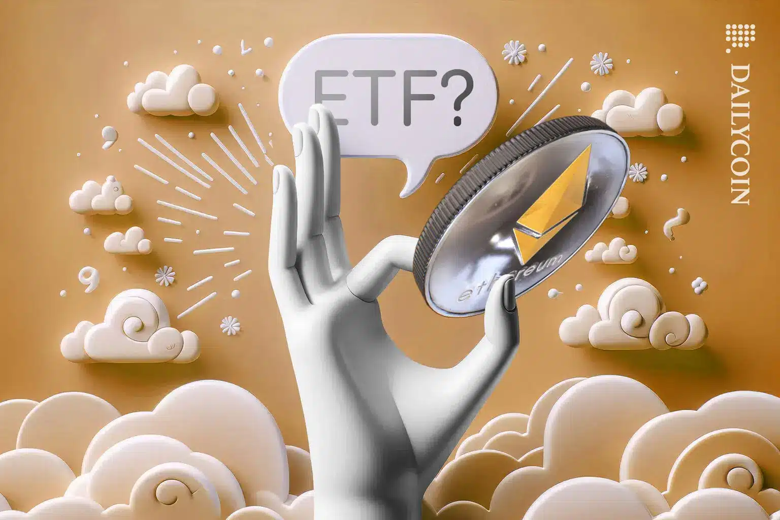 A hand holds an Ethereum coin against a stylized cloud background with 'ETF?' text.