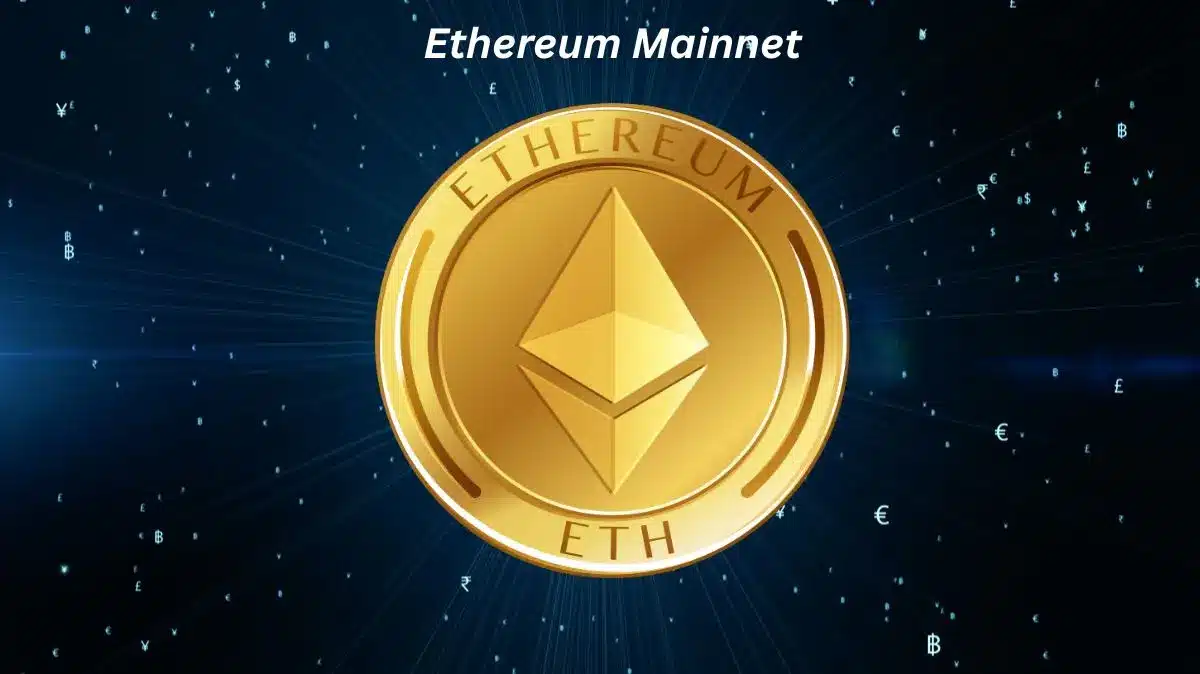 Golden Ethereum logo with a dark blue background and digital currency symbols.