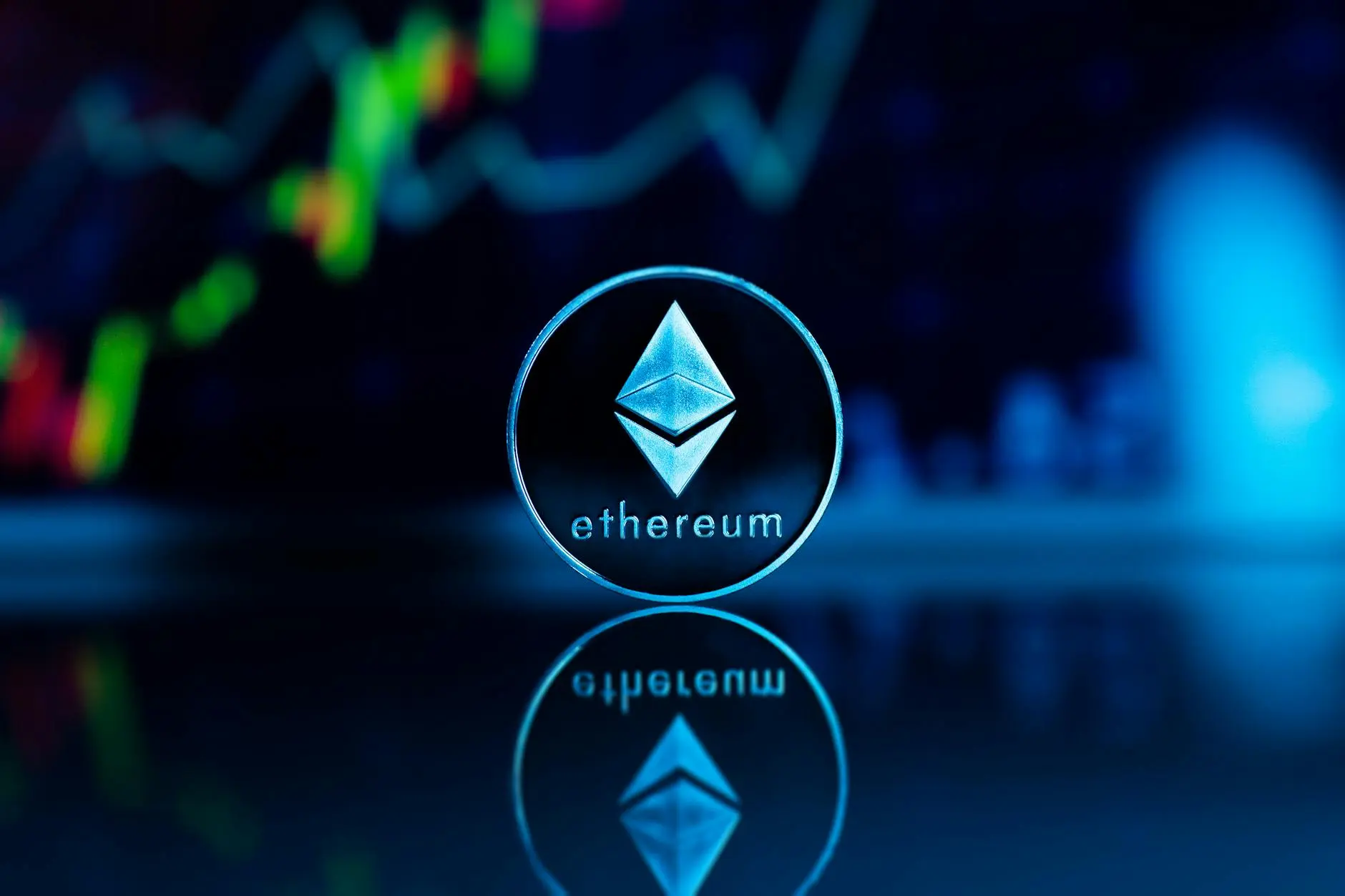 Ethereum coin with the word 'ethereum' and a background of fluctuating graphs.
