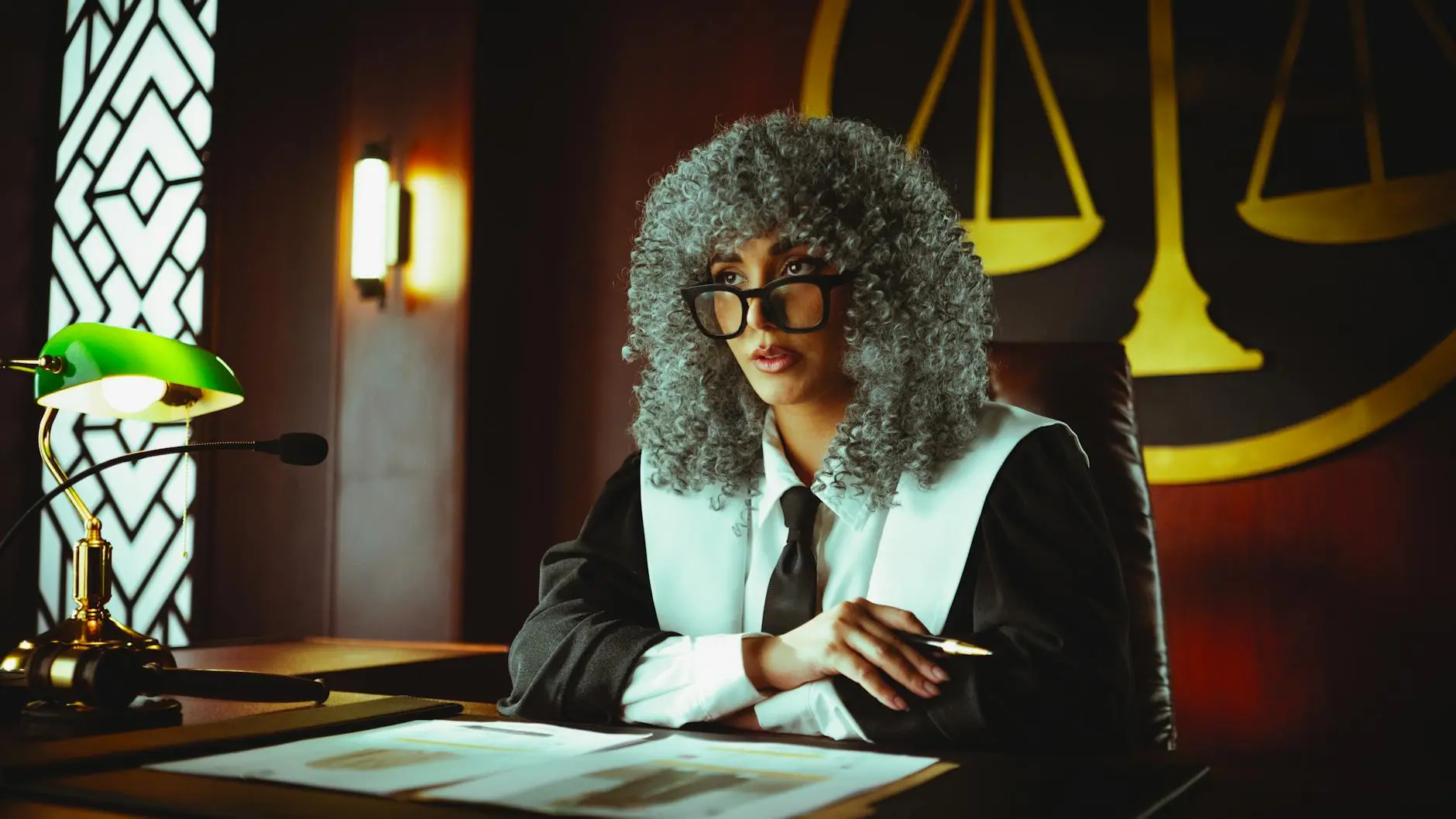 A judge in traditional attire sitting at a courtroom table with legal documents.