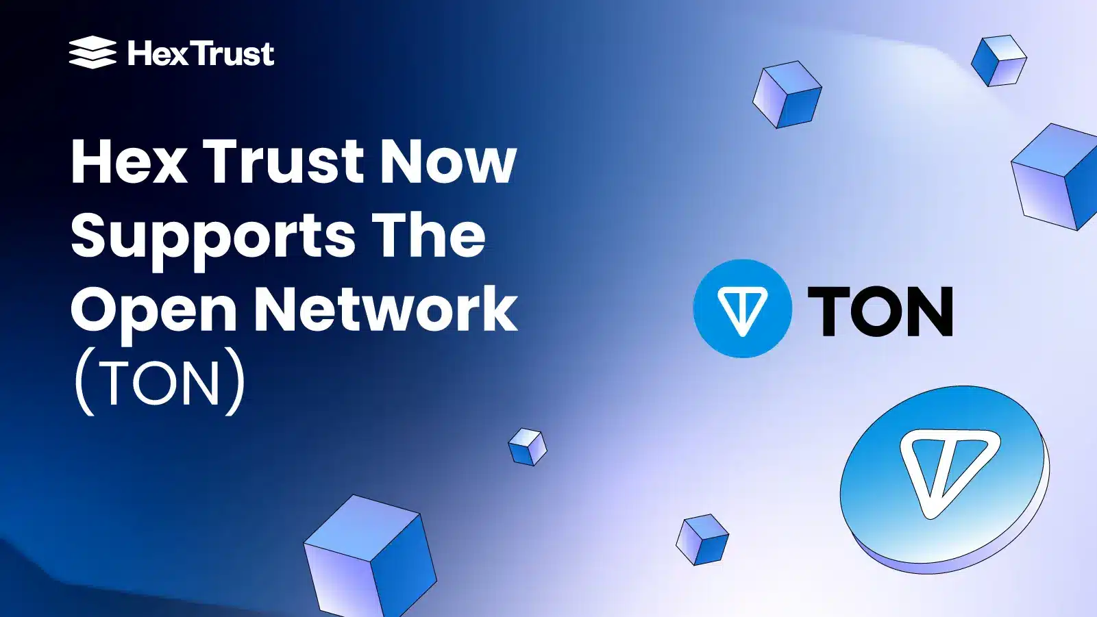Hex Trust logo with elements representing the Open Network (TON) and 3D cubes.