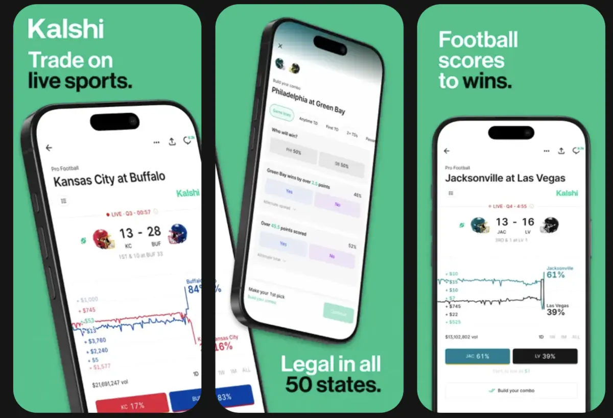 Screenshots of the Kalshi prediction market app showing live sports trading interface.