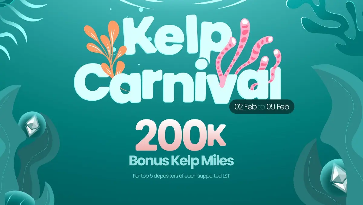 Colorful graphic promoting Kelp Carnival with seaweed and an Ethereum logo.