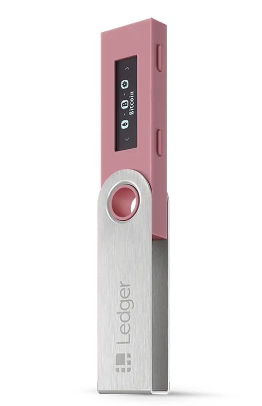 Pink Ledger Nano cryptocurrency hardware wallet displaying Bitcoin on screen.