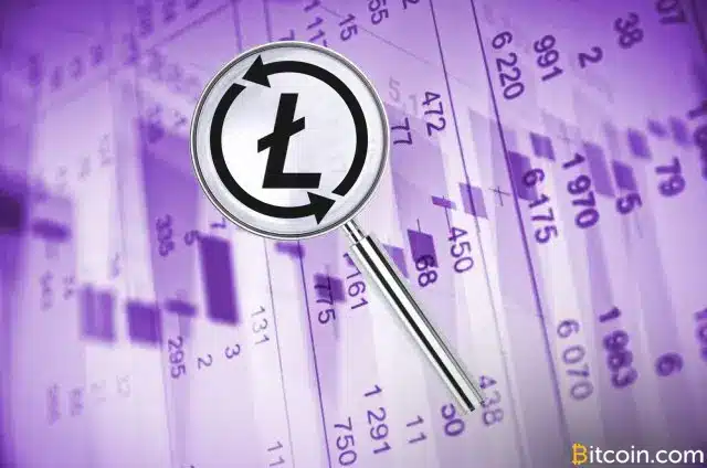 Magnifying glass over Litecoin logo, with financial data in the background.