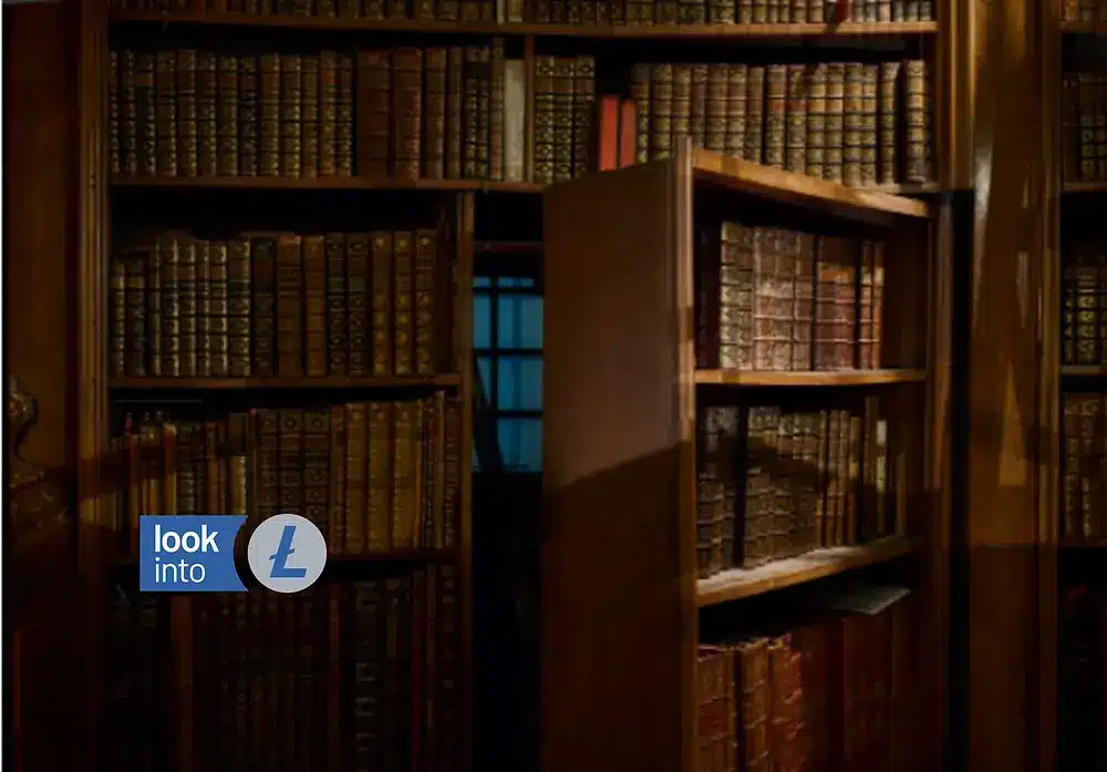 A wooden bookshelf filled with antique-looking books in a dimly lit setting.