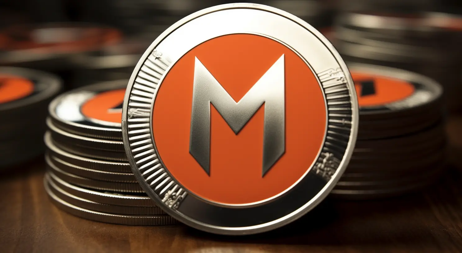 Close-up of a Monero coin with an orange background.