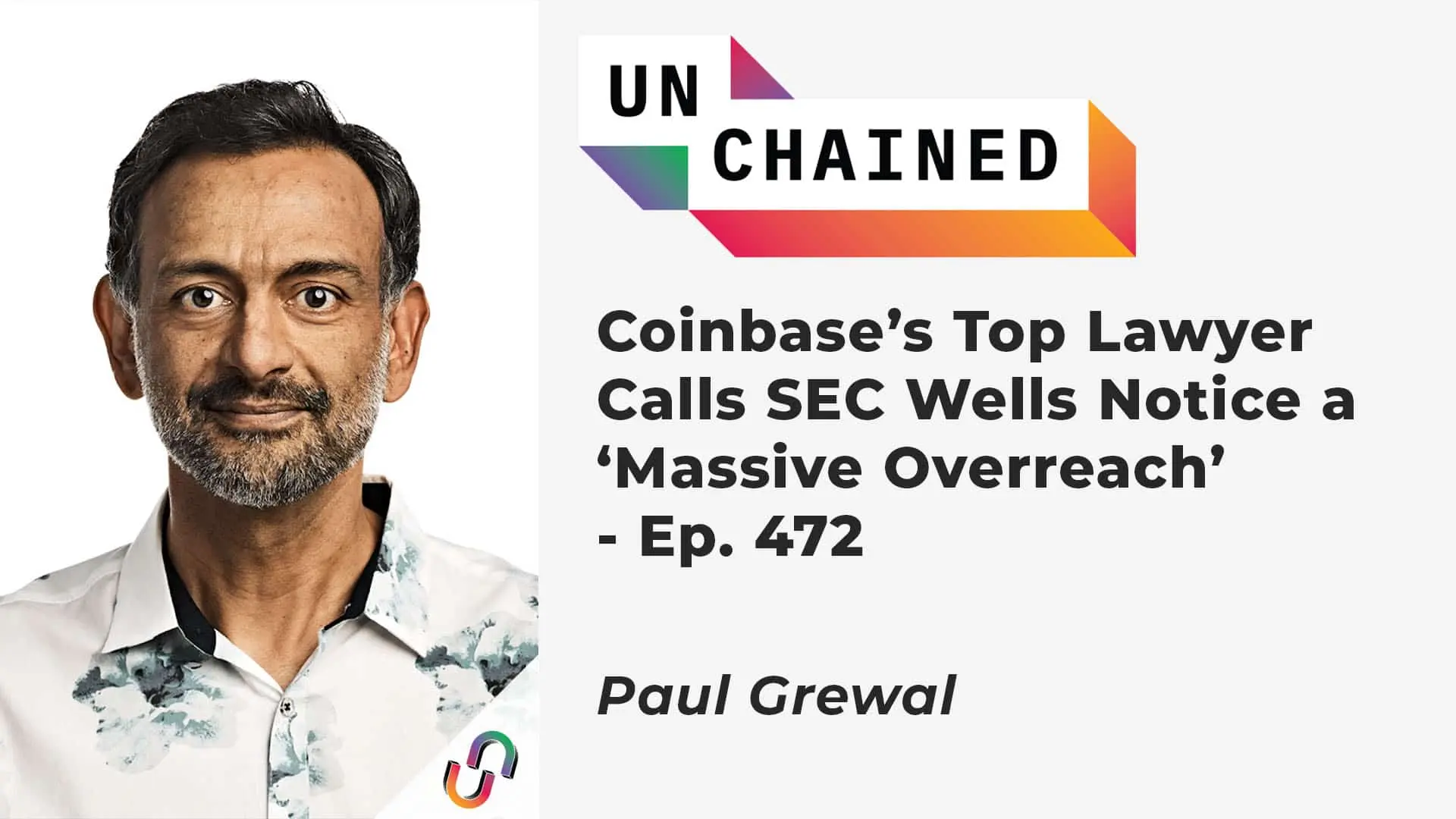 Paul Grewal, Coinbase's top lawyer, in a floral shirt, featured on a podcast cover.