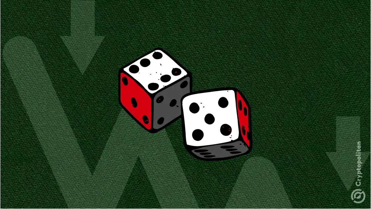 Two cartoon dice, one red and one black, on a textured green background.