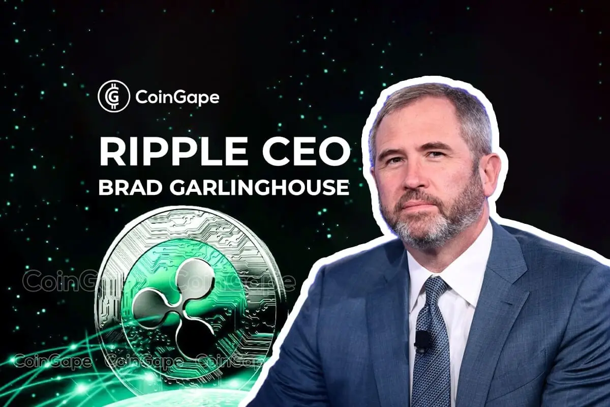 Portrait of Brad Garlinghouse, CEO of Ripple, with crypto-themed background.