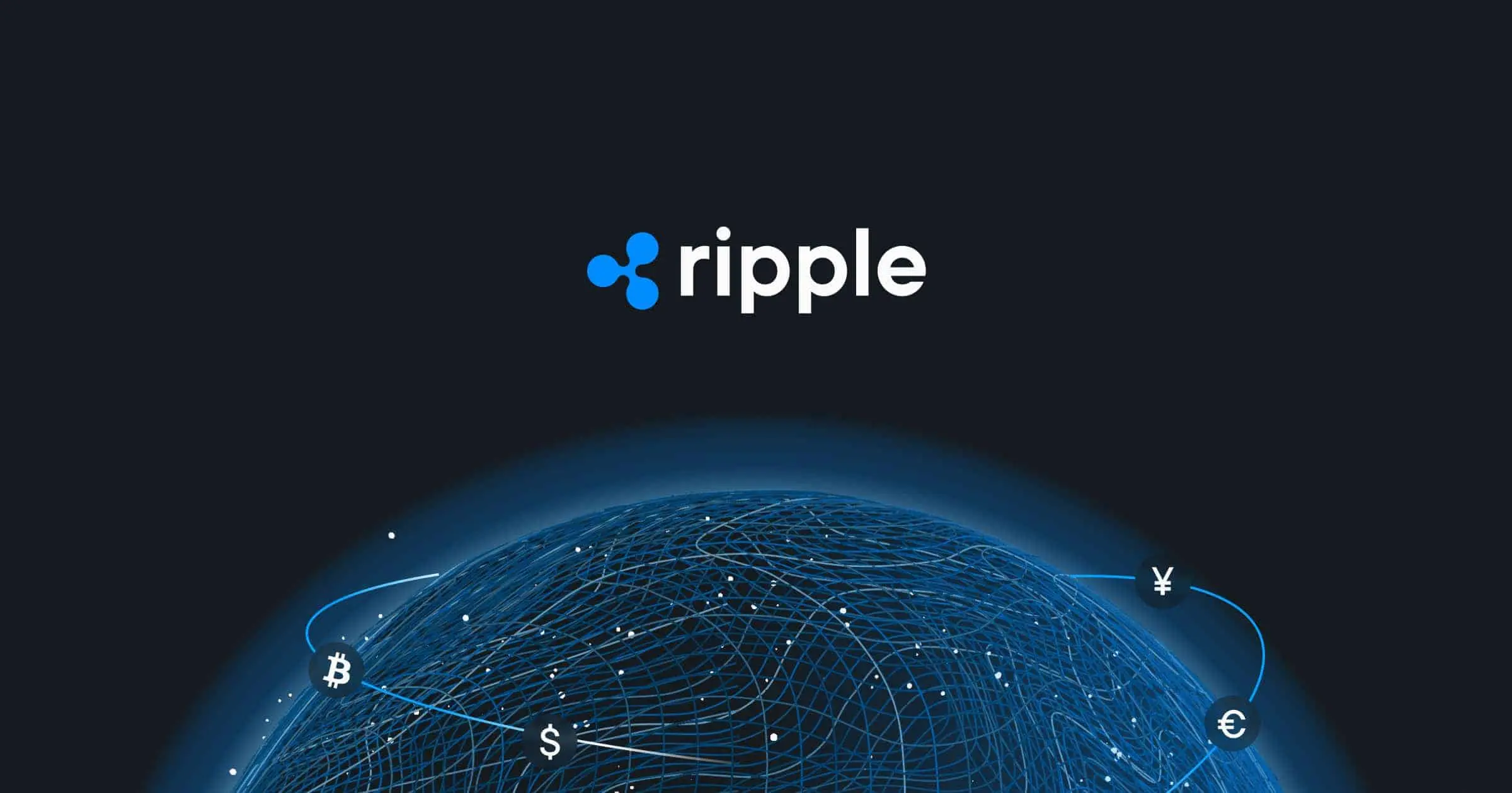 Ripple logo above a globe with currency symbols and network lines.