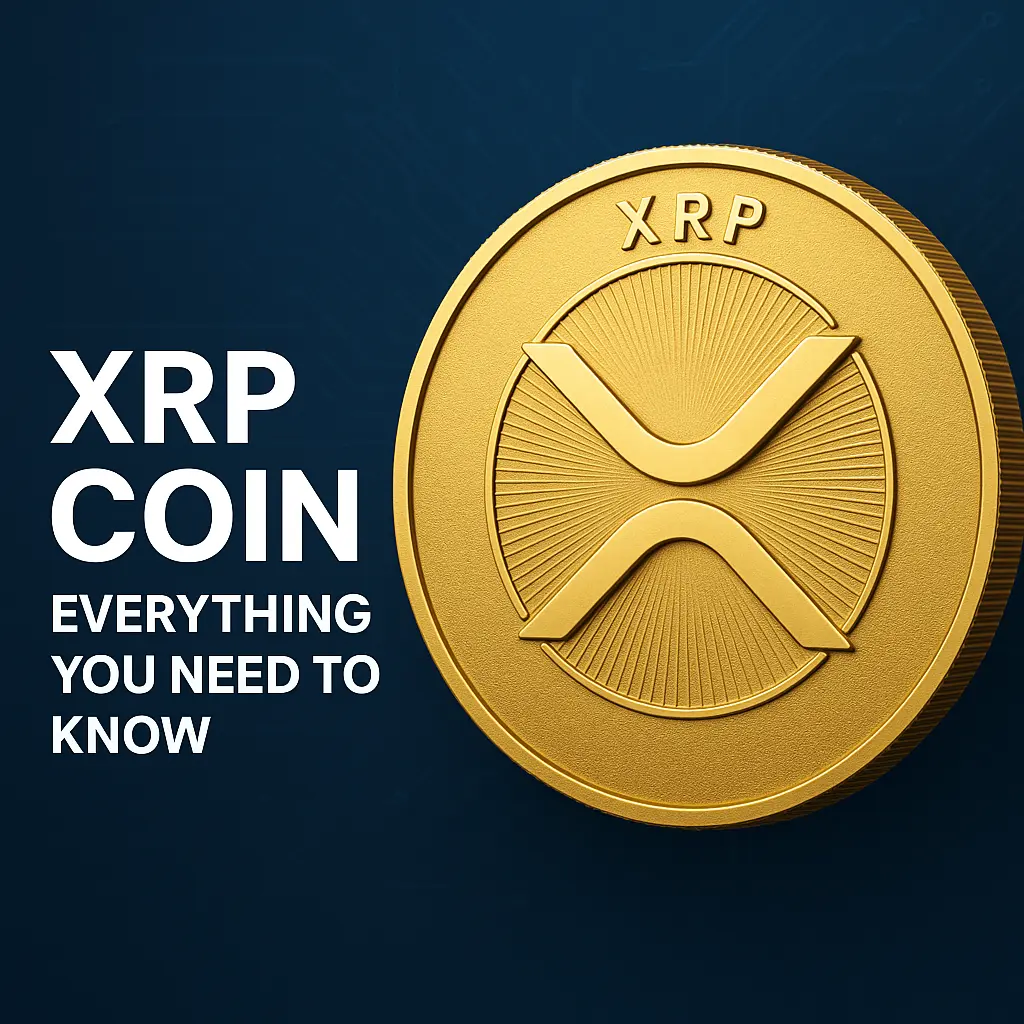 Gold XRP coin on a dark blue background with tech patterns.
