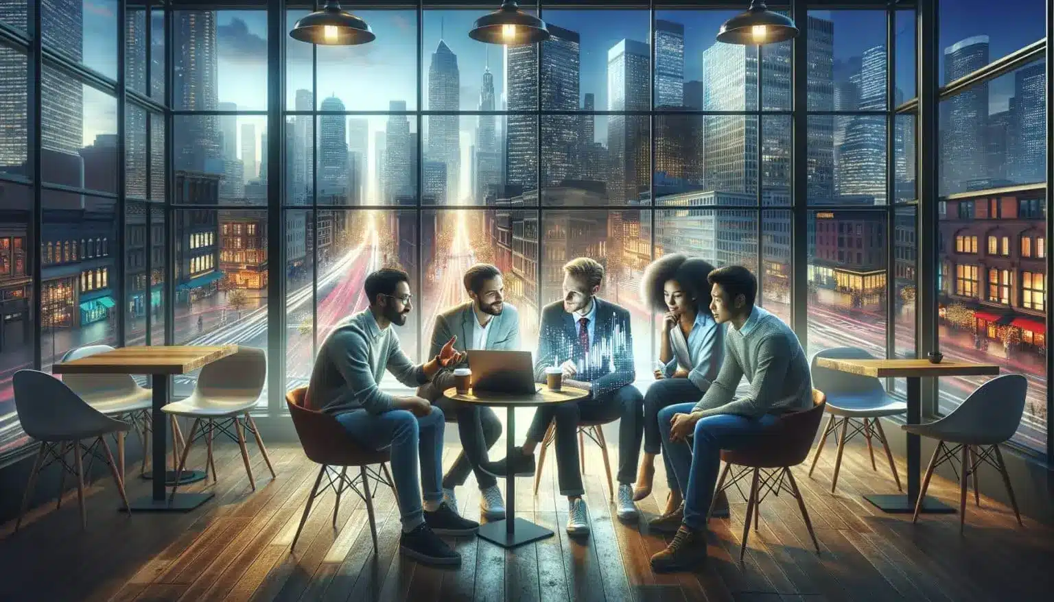 A group of diverse individuals discussing business in a modern café with a cityscape view.