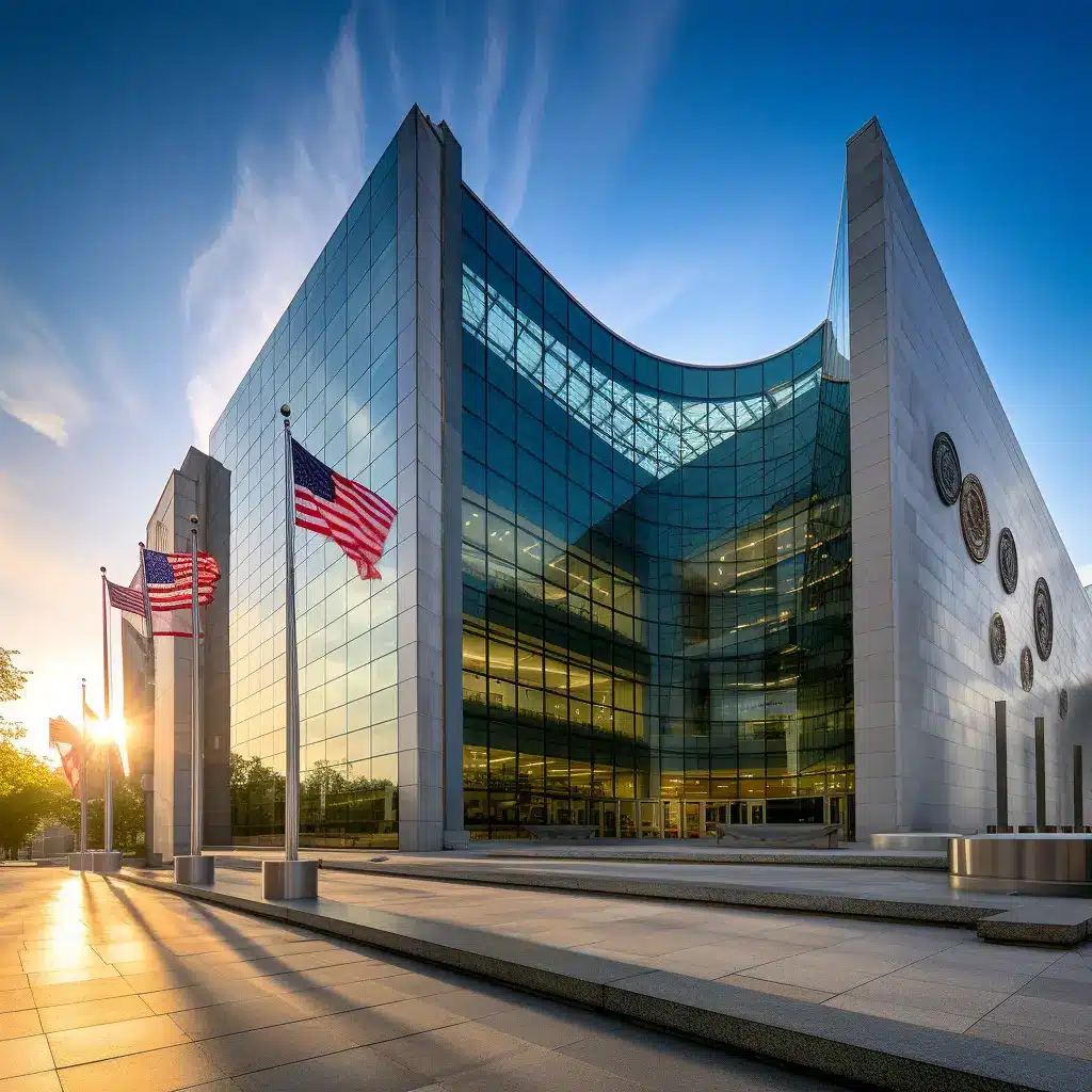 SEC headquarters building in Washington DC with American flags at sunset.