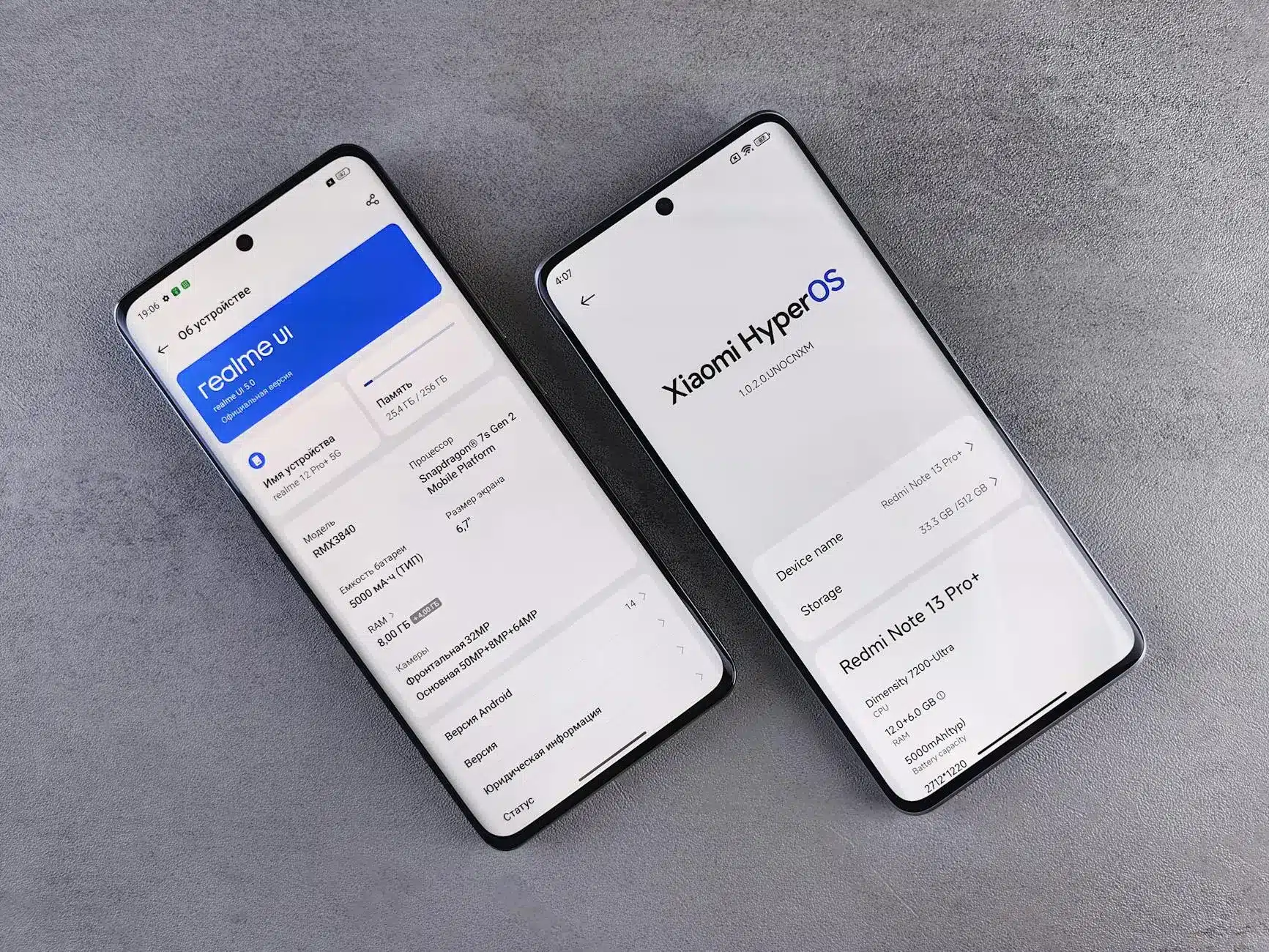 Two smartphones displaying Realme UI and Xiaomi HyperOS interfaces.