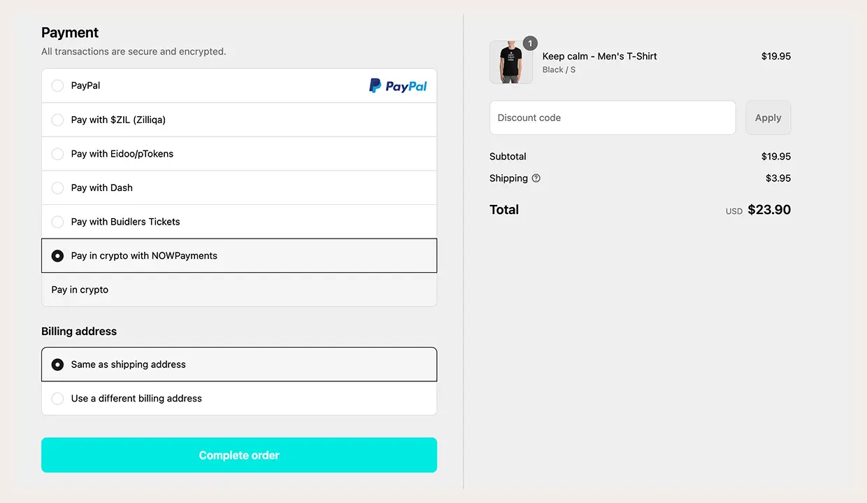 Checkout page showing various payment options including cryptocurrency and total amount.