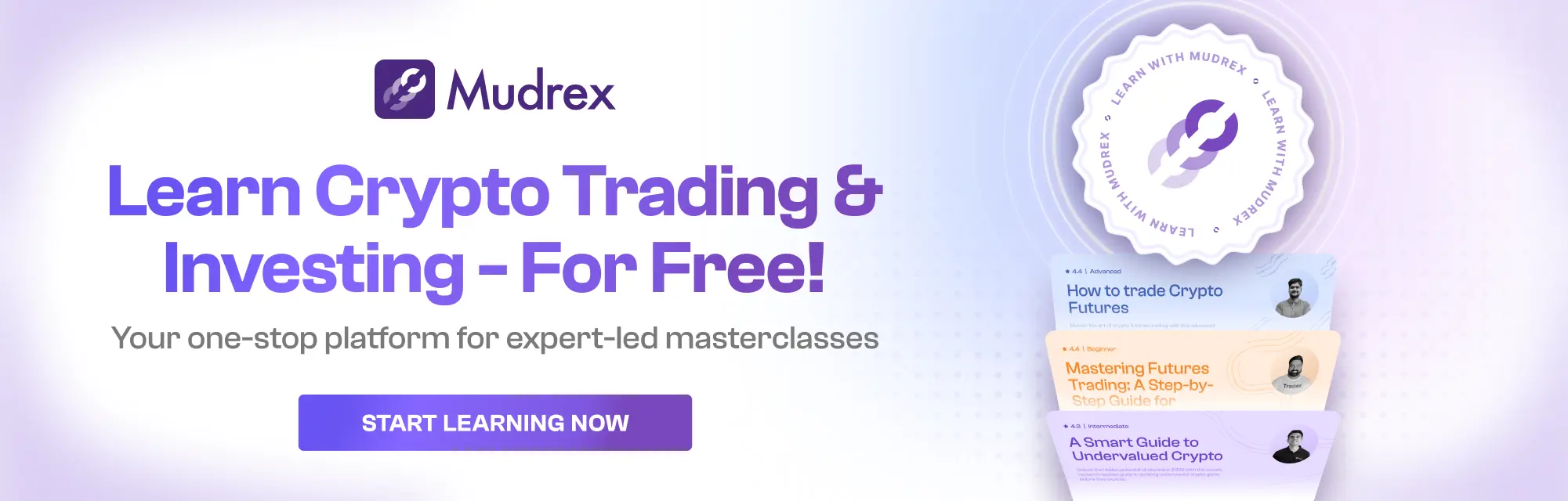 Promotional image for Mudrex crypto trading platform with courses and masterclasses.